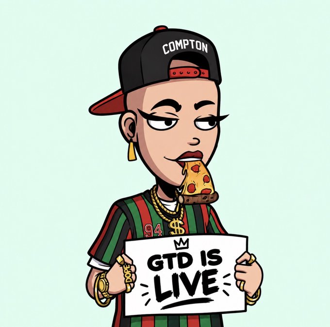 A cartoon character wearing a "COMPTON" cap and a green-striped jersey holds a sign reading "GTD IS LIVE," celebrating the launch of the GTD token mint alongside the post's announcement.