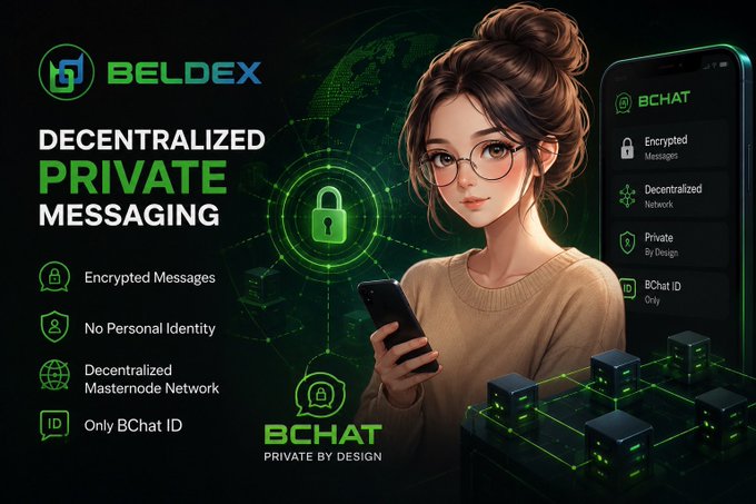 Promotional graphic for BELDEX and BCHAT, featuring a woman with glasses holding a phone, with text reading 'DECENTRALIZED PRIVATE MESSAGING', 'Encrypted Messages', 'No Personal Identity', 'Decentralized Masternode Network', and 'Only BChat ID'.