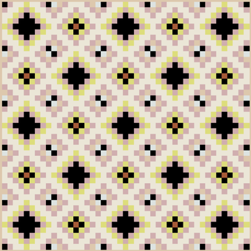 A repeating geometric pattern featuring dark blue eight-pointed stars and small yellow accent shapes on a cream background, arranged in a pixel-art style.