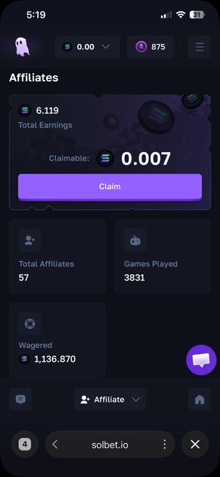 A mobile screenshot of an affiliates dashboard shows 'Total Earnings' of 6.119 and a 'Claimable' amount of 0.007, with 57 'Total Affiliates' and 3,831 'Games Played' on solbet.io.