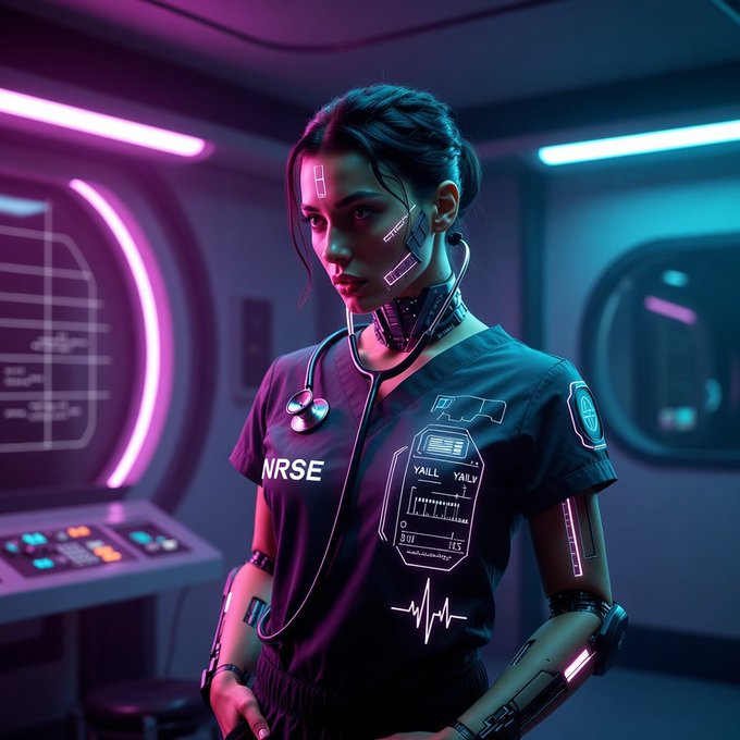 A digital illustration of a futuristic female nurse in a high-tech medical setting, wearing scrubs labeled 'NRSE' with glowing cyberpunk-style HUD displays and neon pink and blue lighting.