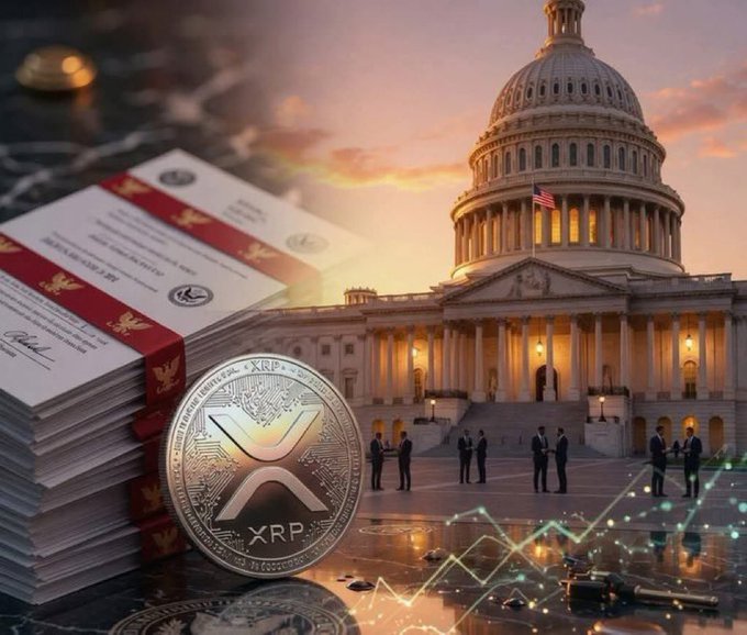 A silver XRP coin sits in the foreground beside stacked documents, with the U.S. Capitol building and suited figures in the background symbolizing the ongoing legislative review of the XRP & Crypto Clarity Act. The image visually reinforces the post's claim that bipartisan efforts are driving the bill's final updates toward passage.