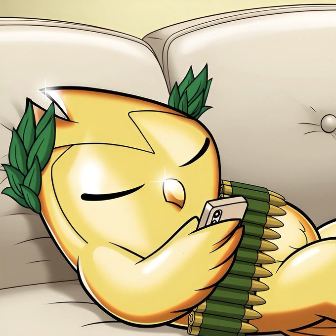 An anime-style illustration of a gold-colored character wearing a laurel wreath and ammunition belt, sleeping on a couch while looking at a smartphone.