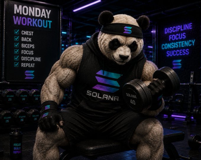 A muscular panda mascot wearing a "SOLANA" tank top lifts a "SOLANA 40" dumbbell in a neon-lit gym, with a "MONDAY WORKOUT" checklist (Chest, Back, Biceps, Focus, Discipline, Repeat) and a "DISCIPLINE FOCUS CONSISTENCY SUCCESS" sign in the background, visually embodying the post's message about putting in unseen reps to achieve consistent, bullish results.