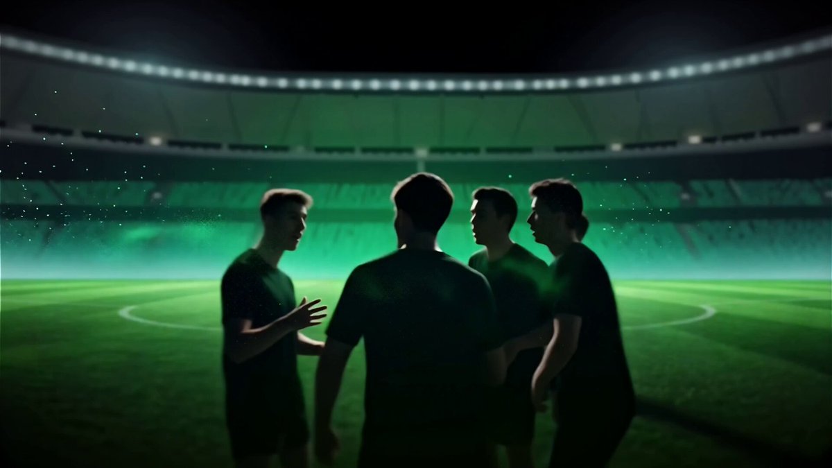The image features a group of four men standing together, possibly at a soccer stadium or field. They are all facing each other, with their backs turned towards the camera. The background shows an empty stadium filled with green grass, which adds to the overall atmosphere of the scene. The photo has been edited and enhanced using software, giving it a more professional appearance.