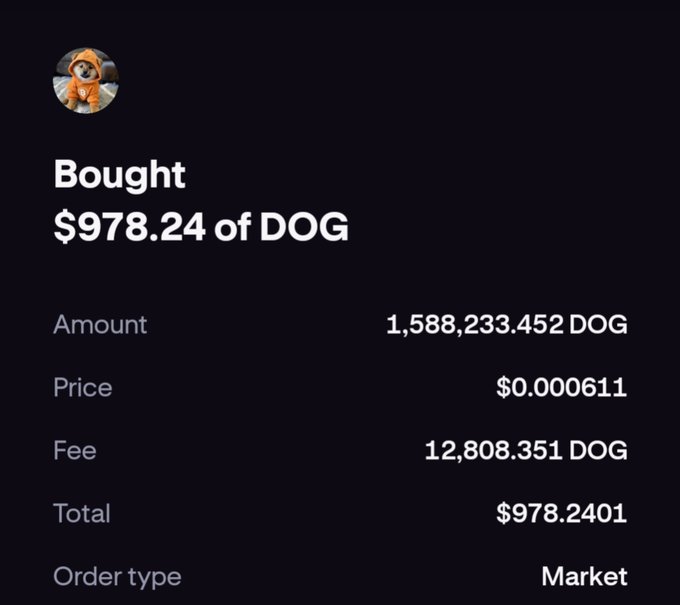 A crypto purchase confirmation showing a buy of 1,588,233.452 DOG for $978.24 total at a market price of $0.000611, with a fee of 12,808.351 DOG.