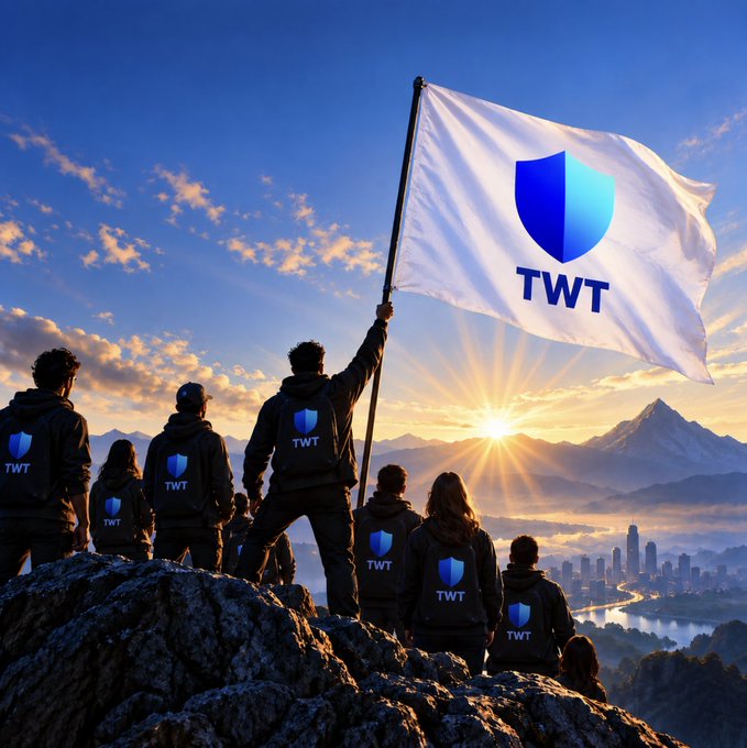 A group of people wearing black hoodies with a blue shield logo and 'TWT' text, standing on a rocky mountain summit at sunrise, with one person raising a white flag featuring the same blue shield logo and 'TWT'.