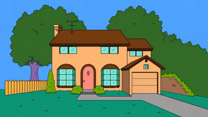 A cartoon-style illustration of a two-story suburban house with a brown roof, peach-colored walls, a pink front door, and an attached garage, set against a backdrop of green trees.