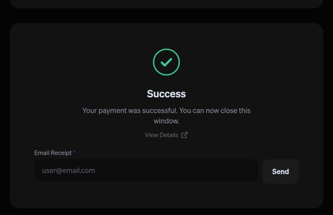 A payment success screen with a green checkmark displays the message 'Success - Your payment was successful. You can now close this window,' along with a 'View Details' link and an 'Email Receipt' field with a 'Send' button.