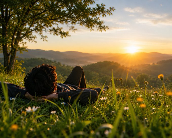 A person with dark hair lies in a grassy field with wildflowers, resting under a tree while watching a scenic sunset over rolling hills and mountains.