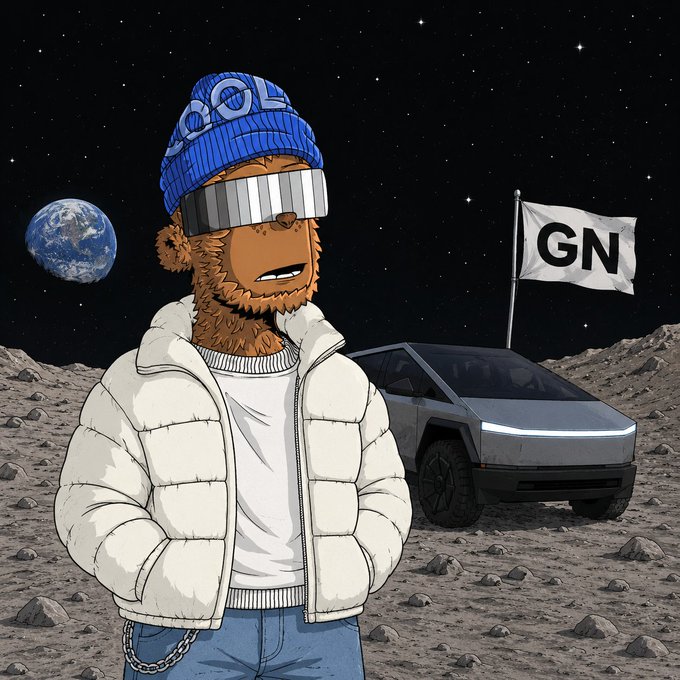 An animated illustration shows a bearded man wearing a blue beanie and futuristic goggles, standing on a lunar landscape with a Tesla Cybertruck, a flag marked 'GN', and Earth visible in the starry sky.