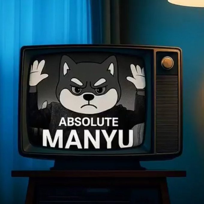 The image features a television set with a cartoon cat sitting at the bottom of the screen, surrounded by black text that reads "Absolute Manyu". Below this, there's a statement claiming that 99% of viewers will watch a bull run happen only 1% will actually be positioned for it. The scene is set against a blue background, creating a visually striking contrast with the cat and its surroundings.