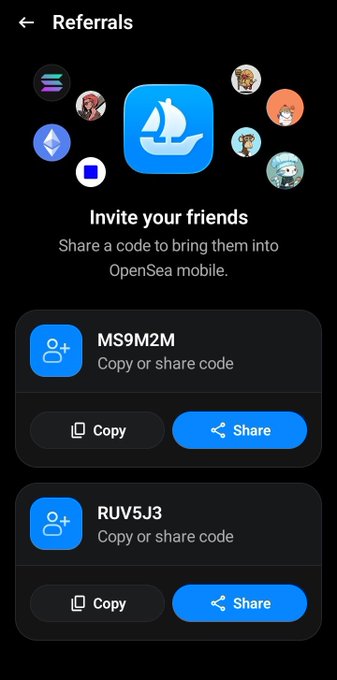 An OpenSea mobile app referrals screen showing the invite code "MS9M2M" and a second code "RUV5J3" with copy and share options.