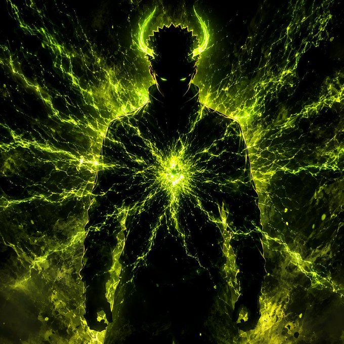 A silhouette of a horned, glowing-eyed figure radiates intense green energy from its chest, symbolizing bullish power and momentum. The image evokes strength and dominance, fitting the "good morning $ANSEM bulls" message celebrating a confident market outlook.