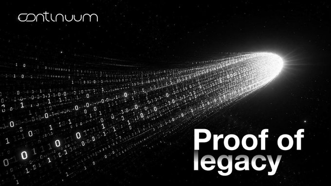 A black background featuring a streak of binary code resembling a comet, with "c8ntinuum" in the top left and "Proof of legacy" in the bottom right, promoting the Continuum platform's waitlist offering a share of $20M via app.c8ntinuum.com.