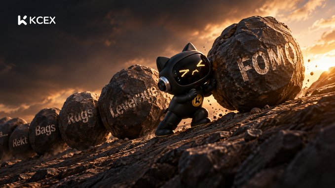 A black robotic cat mascot with a glowing yellow smile pushes a large boulder labeled 'FOMO' uphill, following other boulders inscribed with 'Nfts', 'Bags', 'Rugs', and 'Leverage' under a 'KCEX' branded sky.