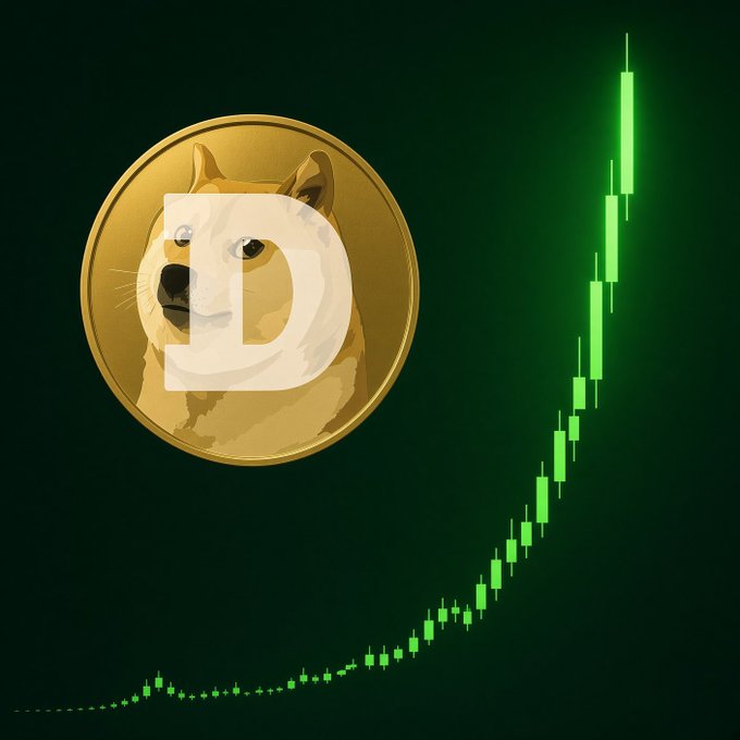 The image shows a Dogecoin ($DOGE) coin featuring the iconic Shiba Inu dog logo alongside a green candlestick chart displaying a sharp upward price trajectory. This visual reinforces the post's bullish claim of an imminent +420% "skyrocket" surge for $DOGE, symbolizing the massive gains projected for the cryptocurrency.