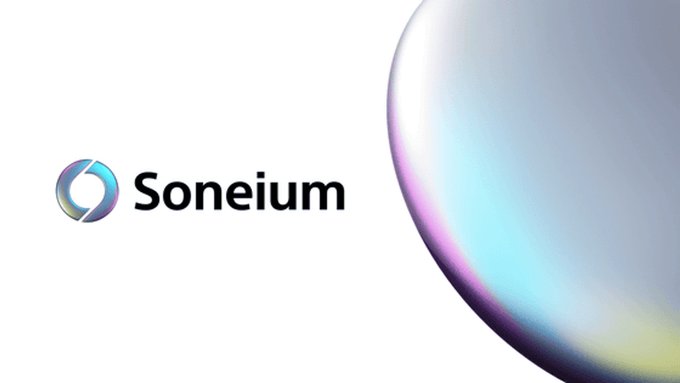 The image displays the "Soneium" logo alongside a large, iridescent sphere with soft pastel hues of blue, purple, and yellow, which relates to the announcement of Sony's new Ethereum Layer 2 blockchain called Soneium.