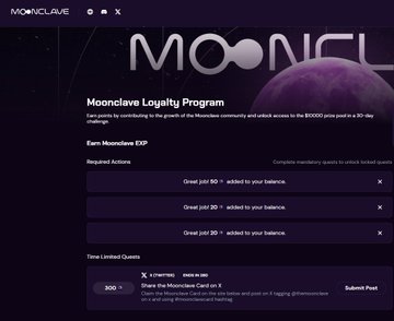 A dark-themed webpage for the 'Moonclave Loyalty Program' showing quest objectives like 'Grind 200 XP' and a 'Time-Limited Quest' with 800 XP available.