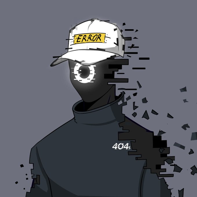 A glitch-art style illustration of a hooded figure wearing a cap labeled 'ERROR' with a digital loading eye, accompanied by the number '404'.