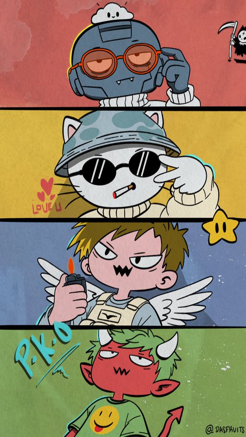 An illustration by @dasfruits showing four stylized cartoon characters in a comic-strip format, including one in a robot helmet and another smoking a cigarette with a 'LOVE U' heart graphic.