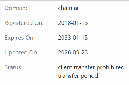 A WHOIS domain registration record for chain.ai showing it was registered on 2018-01-15, expires on 2033-01-15, was updated on 2026-09-23, and is in client transfer prohibited transfer period status.