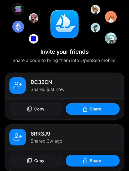 A mobile app screen for OpenSea displays the heading 'Invite your friends' along with referral codes 'DC32CN' and '6RR3J9' featuring Copy and Share buttons.