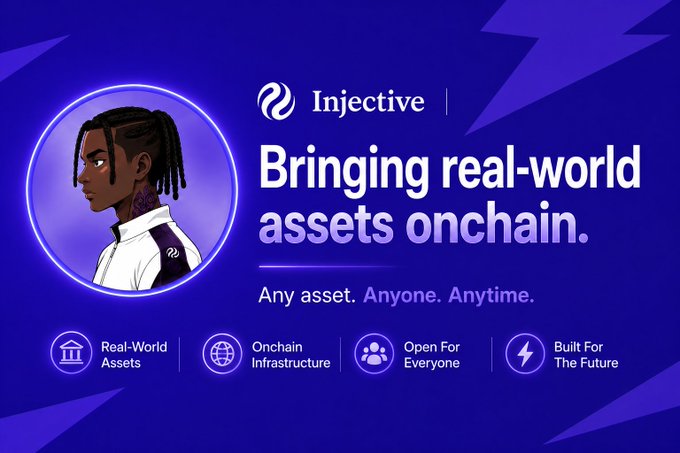 An Injective promotional banner reading 'Bringing real-world assets onchain' with the tagline 'Any asset. Anyone. Anytime.' and an illustrated character.