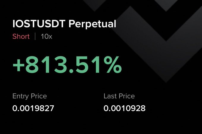 A trading screen showing an IOSTUSDT Perpetual Short position with 10x leverage and a +813.51% gain, with an entry price of 0.0019827 and a last price of 0.0010928.