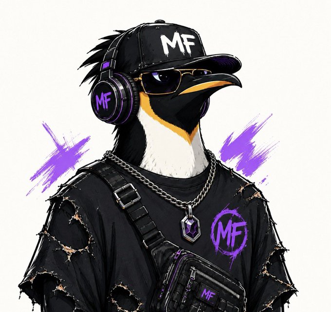 An illustrated penguin character wearing a black cap, sunglasses, and headphones, all branded with 'MF' logos, dressed in a distressed black shirt with chain necklace against a white background with purple paint splashes.