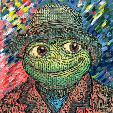 A colorful, textured painting depicts a green frog character wearing a gray fedora and a patterned orange jacket, set against a vibrant, streaked background.