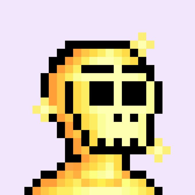 A piece of pixel art depicting a yellow skull-like character with orange shading against a light purple background.