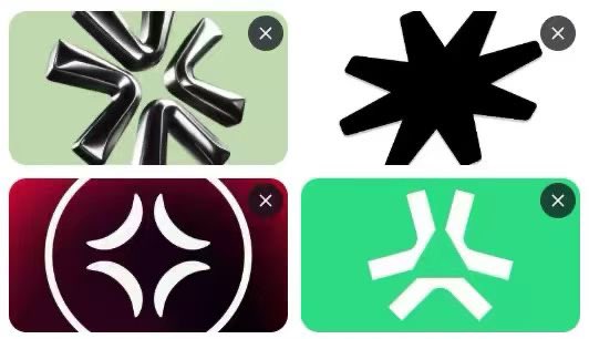 Four abstract symbols or logos arranged in a grid with close (X) buttons in the corner of each, featuring metallic, black star-shaped, red diamond-patterned, and green stylized '火' (fire) designs.