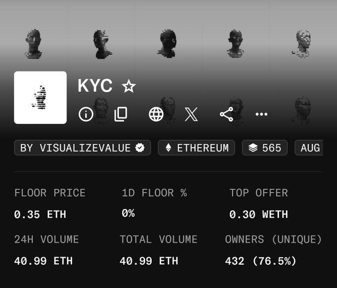 An NFT collection page for 'KYC' by VISUALIZEVALUE on Ethereum, showing 565 items with a floor price of 0.35 ETH, top offer of 0.30 WETH, and 24H volume of 40.99 ETH.