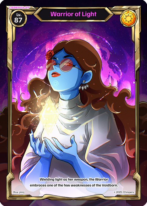 A Legend-ary card labeled "Warrior of Light" (Lv. 87) depicts a blue-skinned woman with sunglasses holding a glowing crystal, with text reading "Wielding light as her weapon, the Warrior embraces one of the few weaknesses of the Voidborn."