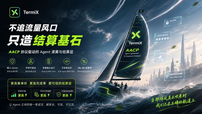A promotional banner for TermiX featuring a sailboat and city skyline, with Chinese text including '不追流量风口 只造结算基石' and 'AACP 协议驱动的 Agent 清算与结算层', along with features like escrow, reputation, multi-chain settlement, and low fees.
