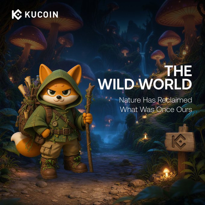 KuCoin's mascot KuKu stands in a green hooded explorer outfit, gripping a wooden staff, against a mystical forest backdrop of oversized glowing mushrooms and waterfalls, alongside the "THE WILD WORLD — Nature Has Reclaimed What Was Once Ours" text, visually capturing the adventure theme of the 100,000 USDT KuKu Universe Bounty campaign.