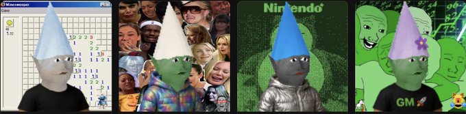 A four-panel meme featuring a character with a pointed hat superimposed onto various backgrounds including a Minesweeper game, a crowd of people, a Nintendo logo backdrop, and a green cartoonish scene.