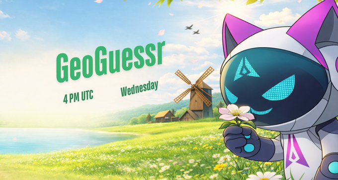 A promotional banner for 'GeoGuessr' at '4 PM UTC Wednesday' featuring a robot cat character holding a flower in a pastoral landscape.