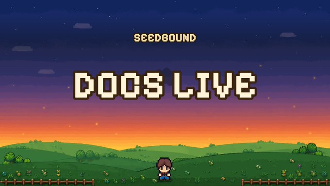 The image shows a pixel-art sunset scene with a small character in a grassy field, overlaid with the text "SEEDBOUND" and "DOCS LIVE," tying into the announcement of Seedbound.io's documentation going live alongside the launch of Season 0 and the $SEED token.