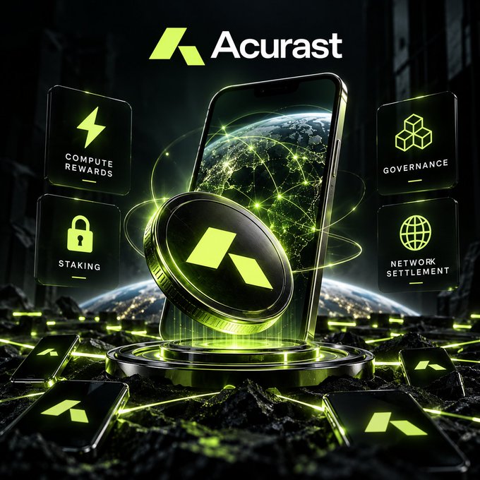 The image showcases a glowing Acurast coin hovering above a smartphone displaying Earth, surrounded by neon-green feature tiles labeled "Compute Rewards," "Staking," "Governance," and "Network Settlement," visually reinforcing the post's message about $ACU's real decentralized compute infrastructure.