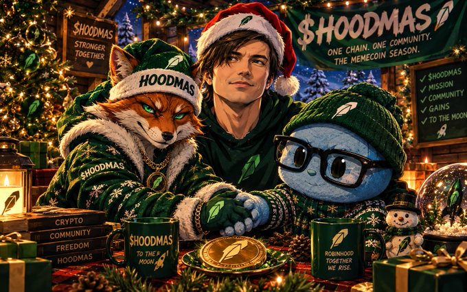 A '$HOODMAS' holiday crypto meme banner stating 'ONE CHAIN. ONE COMMUNITY. THE MEMECOIN SEASON' and 'TO THE MOON,' featuring a man, a fox, and a blue coin character in Santa hats.