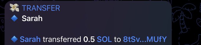 A Solana blockchain transaction notification shows "Sarah" transferring 0.5 SOL to an address ending in "8tSv...MUFy," which appears to confirm the giveaway winner payout mentioned in the post.
