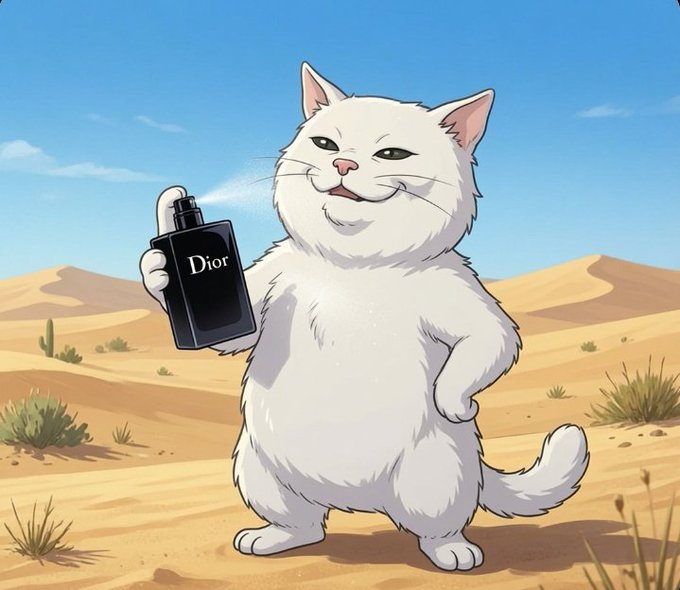 An illustration of a white cat standing upright in a desert landscape, holding a black bottle labeled 'Dior' as if spraying perfume.