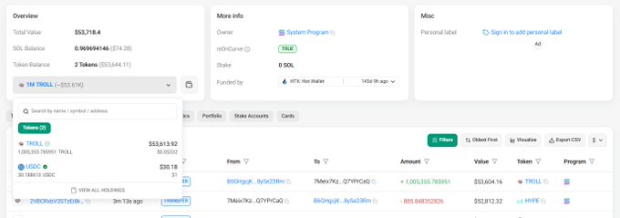 A wallet analytics dashboard shows a "TROLL" position with a total value of $53,718.4 and 1,050,561.7 tokens, alongside recent transactions involving HYPE token swaps, supporting the post's claim of a $53,000 swap from HYPE to $TROLL.