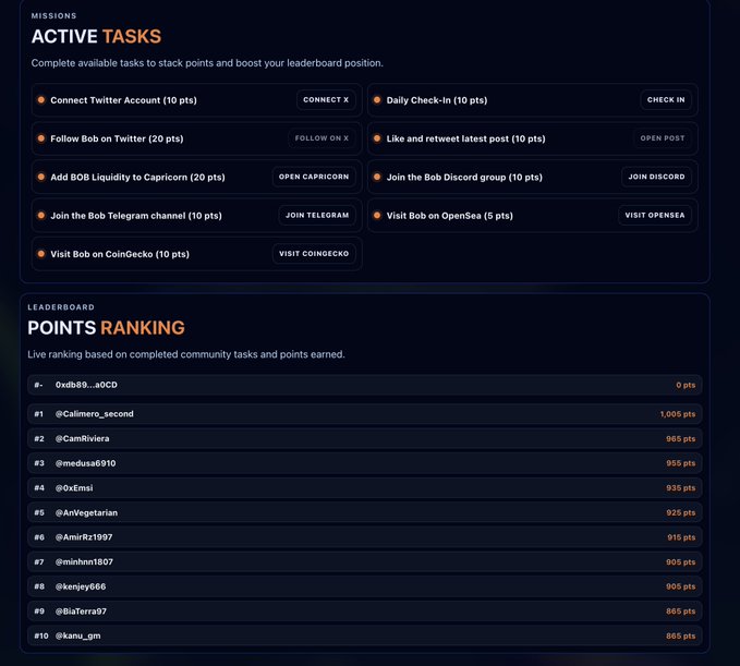 The image shows a computer screen displaying a list of tasks, including "Bob's Daily Check" and "Bob's Bobblevers". The tasks are organized into different columns with various descriptions or points for each task. There is also an additional column that lists the names of people who have completed these tasks. This information suggests that there might be a leaderboard or scoring system in place, possibly related to a social media platform like Twitter where users can follow and engage with others' posts. The image focuses on the tasks and their corresponding points, providing a clear understanding of what is being discussed.