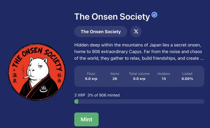 The image shows a verified NFT collection page for "The Onsen Society" on XRP Cafe, displaying a logo of a smoking capybara in a kimono alongside collection stats including a 6.0 XRP floor price, 26 items, and only 3 XRP (3% of 906 minted). The post celebrates the collection's official verification on XRP Cafe, highlighting this milestone as part of the project's ongoing journey.