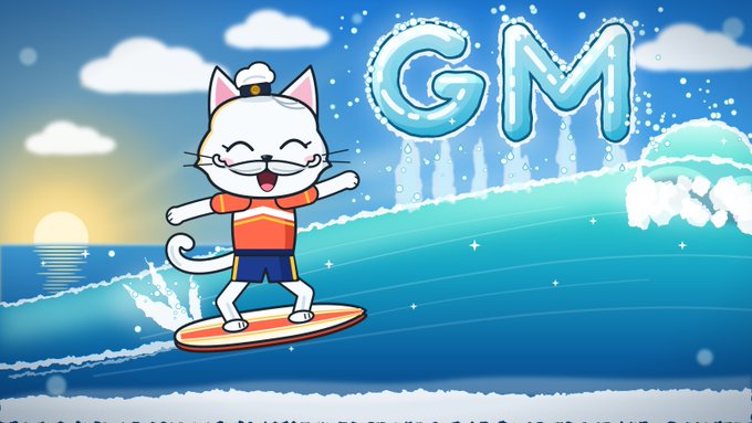 A cartoon white cat wearing a sailor hat and red shirt surfs on a surfboard on a wave, with large bubble letters spelling 'GM' in the sky.