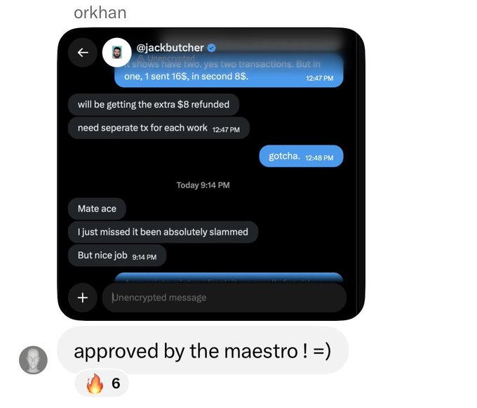 A screenshot of an iMessage conversation with @jackbutcher discussing a refund of $8 and transactions, captioned 'approved by the maestro! =)' with a fire emoji showing 6 reactions.