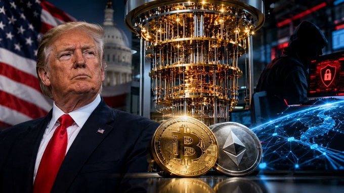 Donald Trump stands before the U.S. Capitol and American flag, with a glowing golden quantum computer towering behind a Bitcoin and Ethereum coin, while a hooded figure beside a red security shield and a digital network globe symbolize the looming cybersecurity risks tied to the $300M U.S. investment in quantum technology. The image visually reinforces the post's warning that quantum advances could pressure the long-term security of BTC and ETH before 2029, urging holders to stay informed rather than panic.